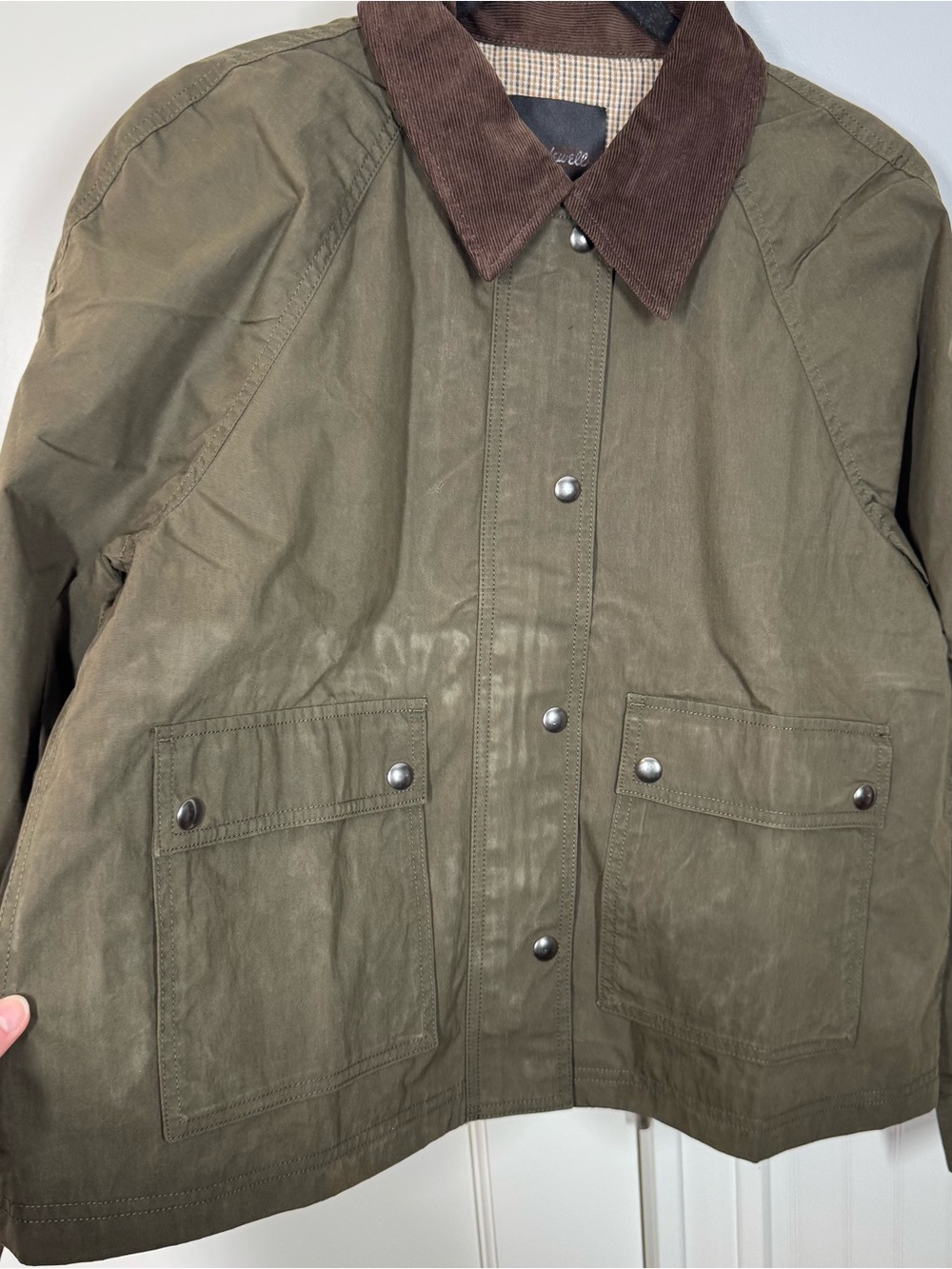 Madewell Barn Jacket Waxed Zip- Front Jacket NW759 OliveGreen Corduroy Collar L - Picture 3 of 9